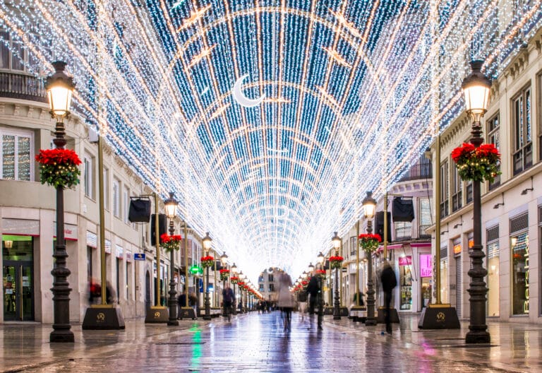International students enjoying Christmas lights on Calle Larios, Málaga
