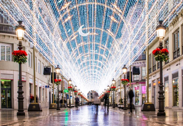 International students enjoying Christmas lights on Calle Larios, Málaga