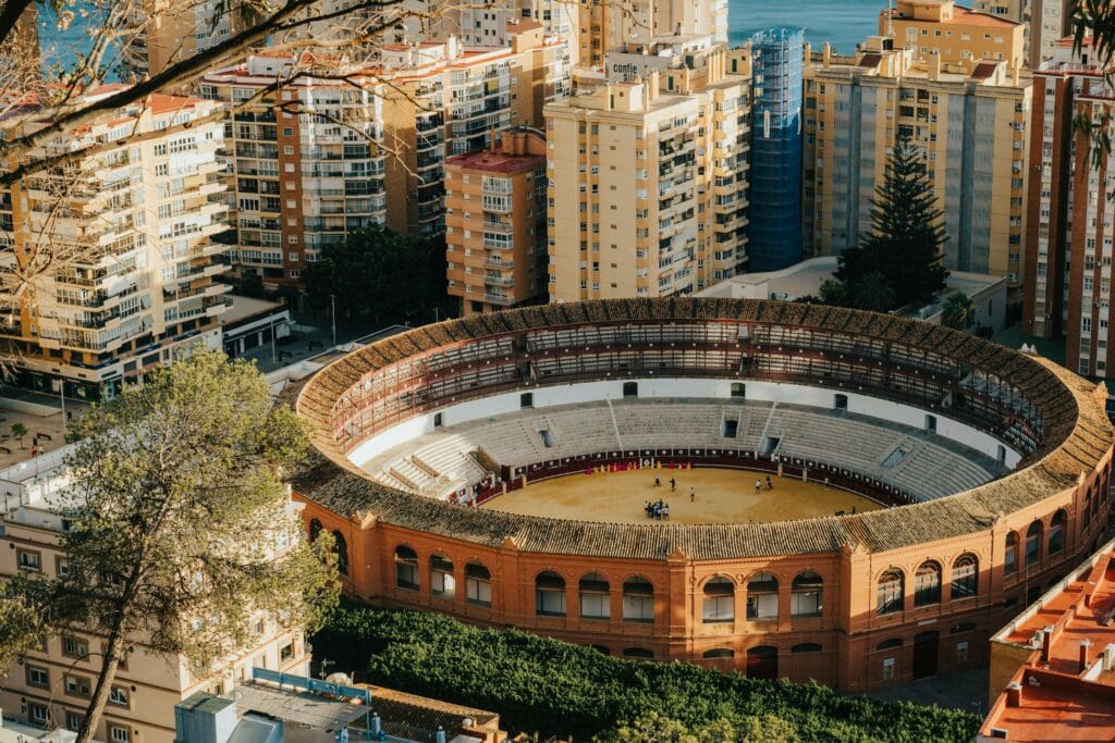 The historic Plaza de Toros in Málaga, a cultural landmark for international students exploring Spanish traditions
