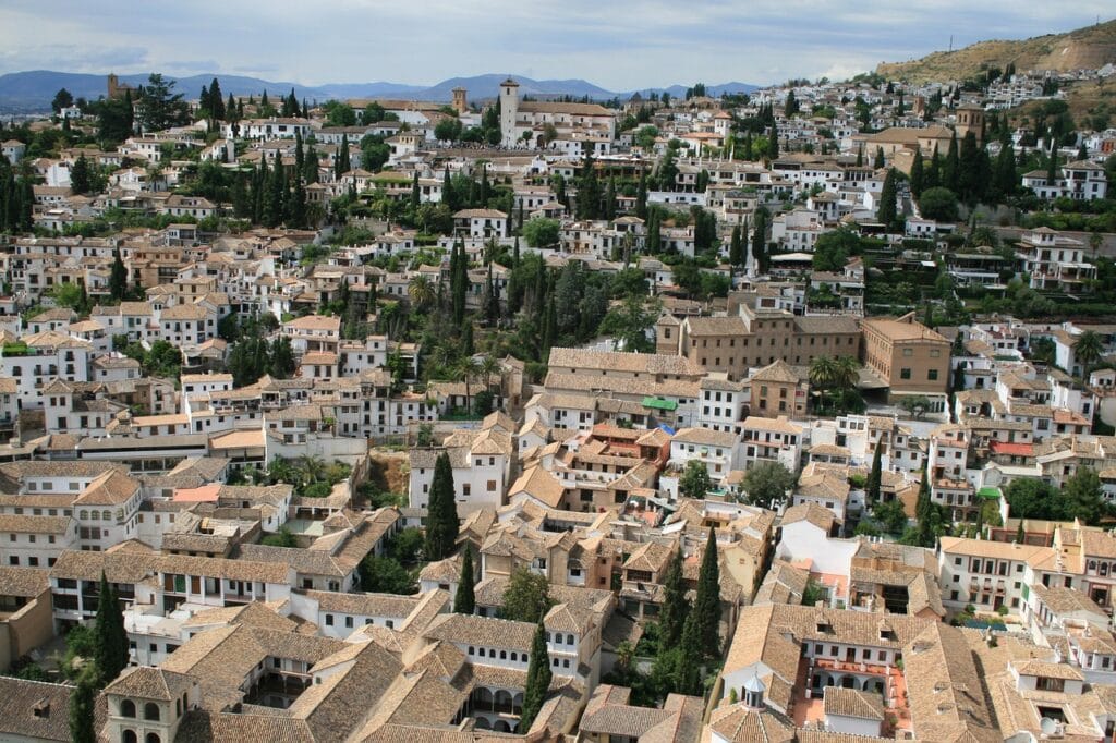 Panoramic view of the whitewashed houses in the Albaicín district of Granada