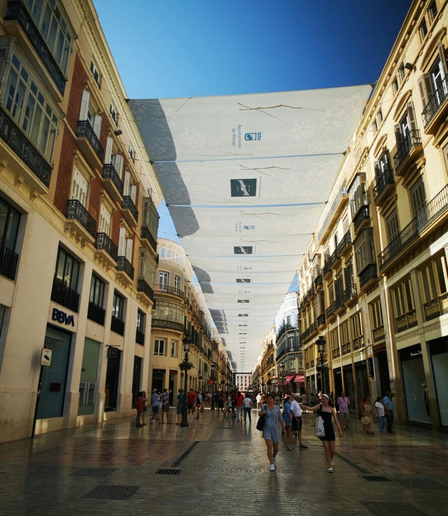 Busy Calle Marqués de Larios in Málaga, a famous shopping street with elegant architecture